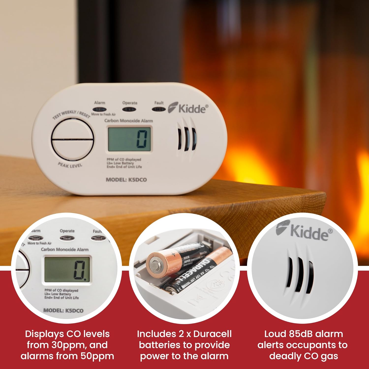 Kidde 5DCO Digital Carbon Monoxide Alarm and Detector with AA Batteries - 10 Year Sensor Life Digital Display CO Alarm - 7 Year Warranty