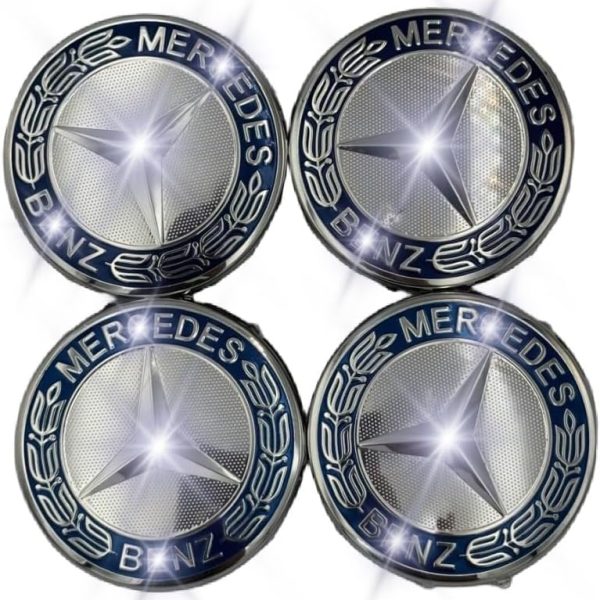 Set of 4 Silver and Navy Blue Alloy Wheel Centre Hub Caps – 75mm Car Rim Emblems with Laurel Design – Replacement Wheel Badge Covers for Luxury Vehicles