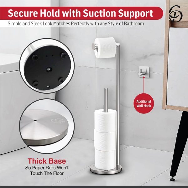 CD Toilet Roll Holder Free Standing Stainless Steel – Chrome Finish Toilet Paper Holder Stand with Heavy Stable Base, Rustproof & Easy Assembly, Silver (with Additional Wall Hook)